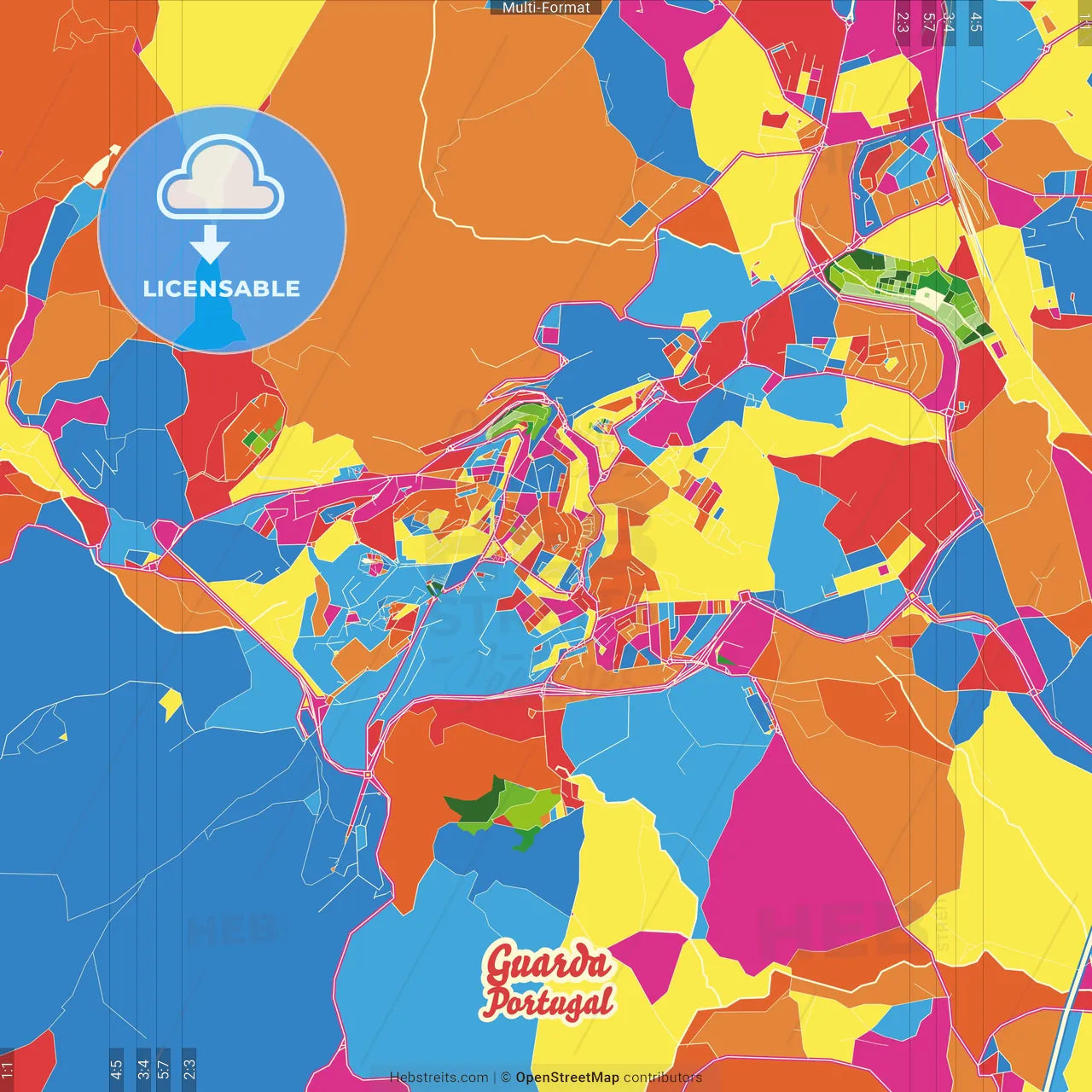Guarda, Guarda, Portugal Crazy Colorful Street Map Poster Template