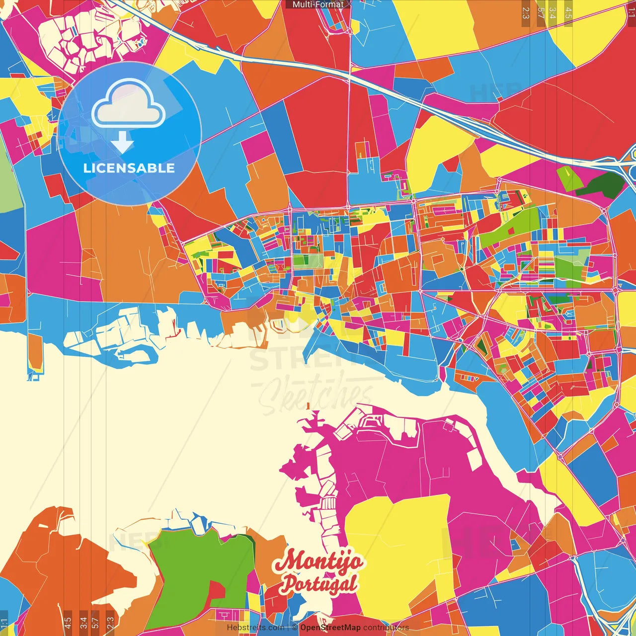 Montijo, Setúbal, Portugal Crazy Colorful Street Map Poster Template