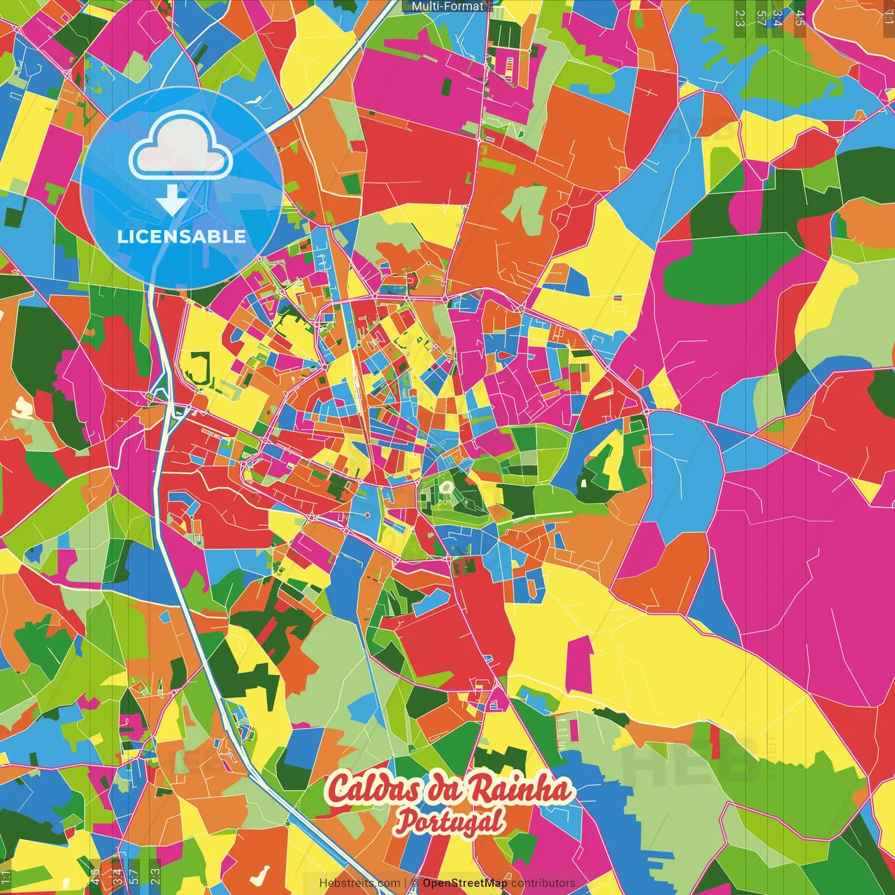 Caldas da Rainha, Leiria, Portugal Crazy Colorful Street Map Poster Template