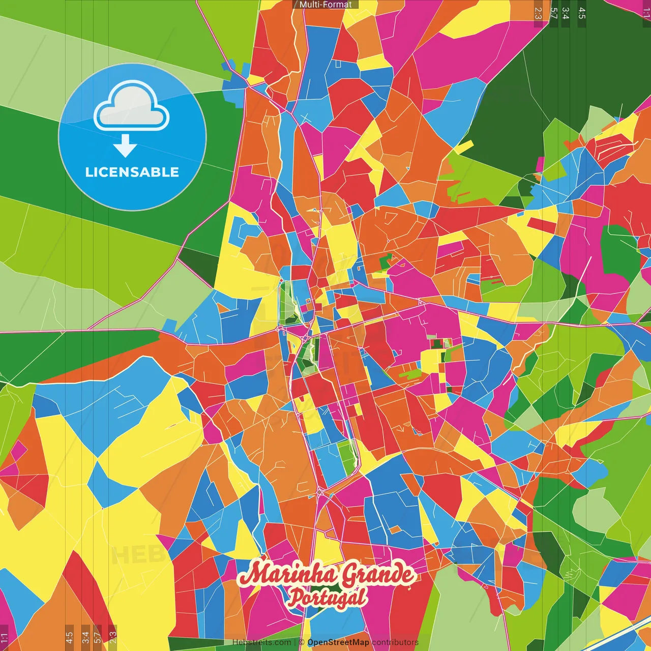 Marinha Grande, Leiria, Portugal Crazy Colorful Street Map Poster Template