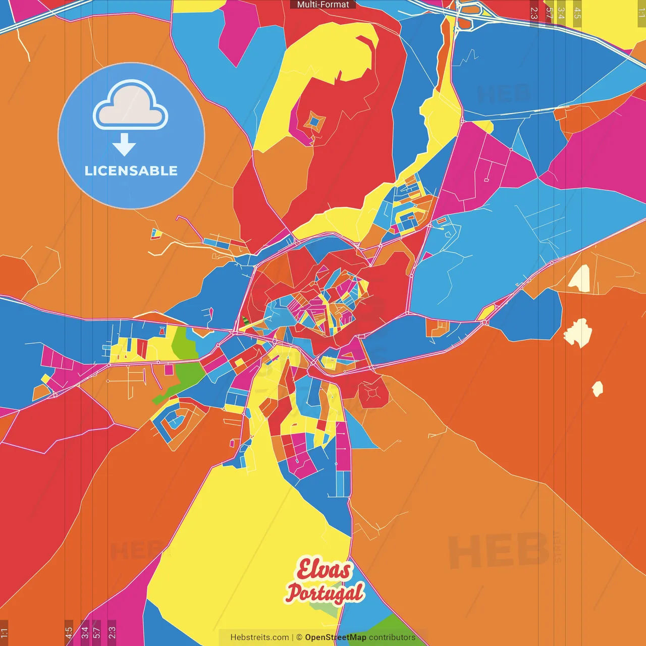 Elvas, Portalegre, Portugal Crazy Colorful Street Map Poster Template