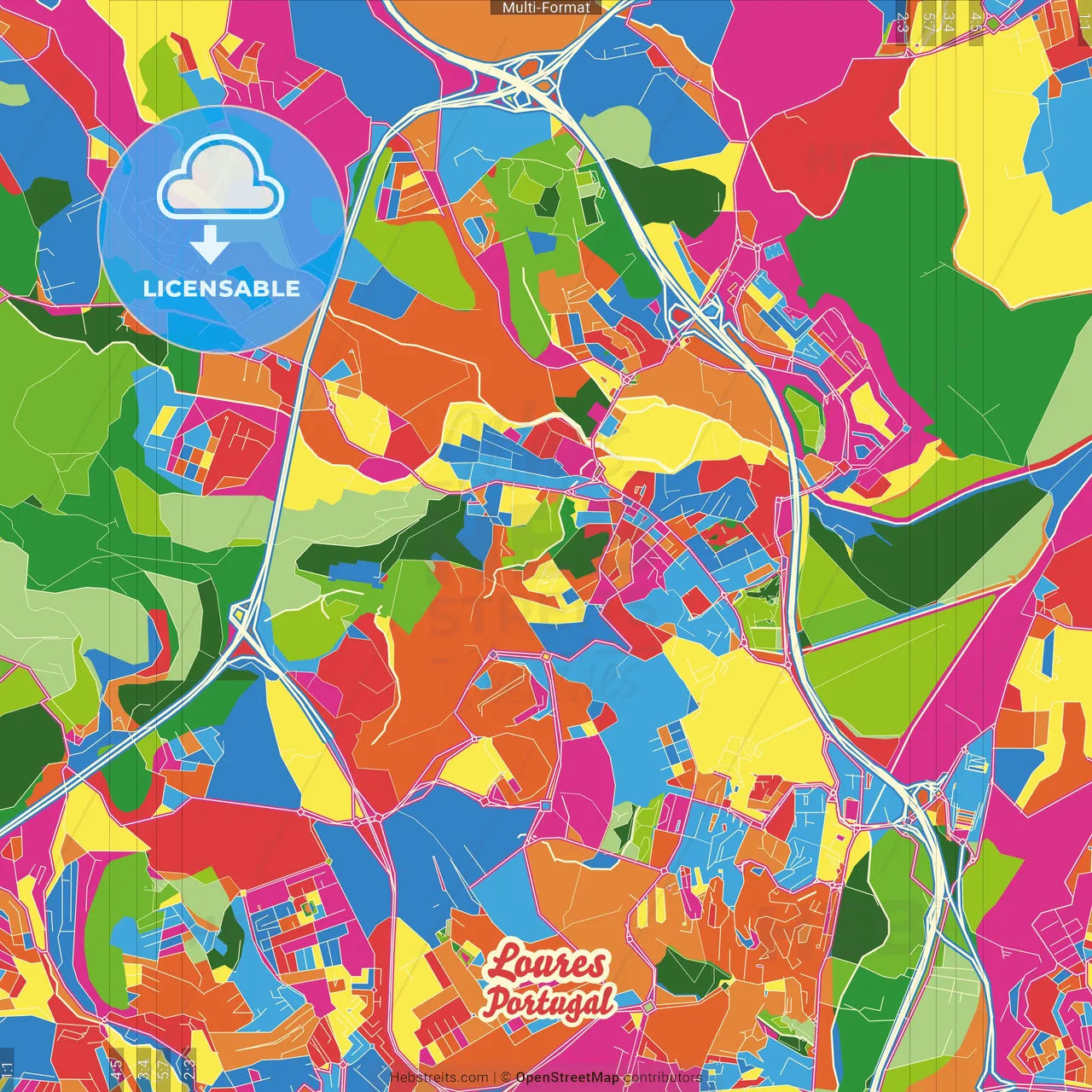 Loures, Lisbon, Portugal Crazy Colorful Street Map Poster Template