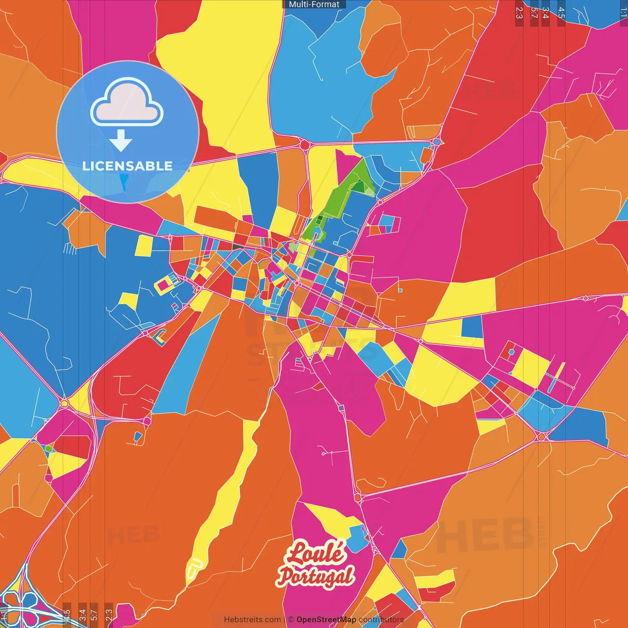 Loulé, Faro, Portugal Crazy Colorful Street Map Poster Template
