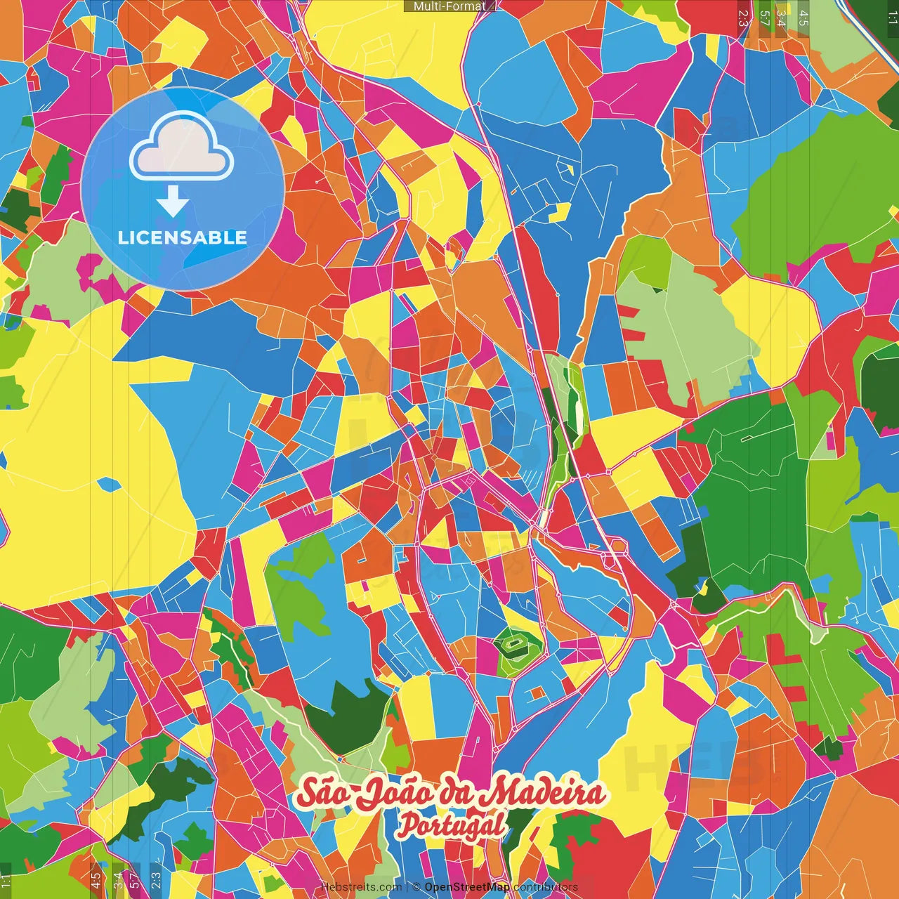 São João da Madeira, Aveiro, Portugal Crazy Colorful Street Map Poster Template