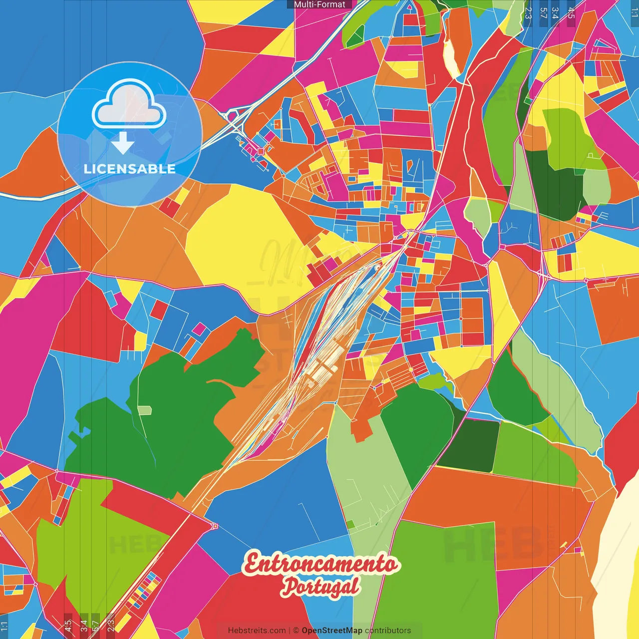 Entroncamento, Santarém, Portugal Crazy Colorful Street Map Poster Template