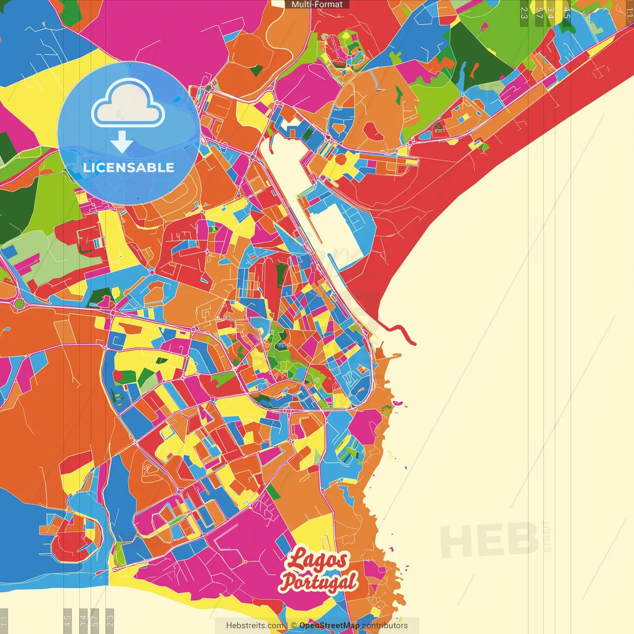 Lagos, Faro, Portugal Crazy Colorful Street Map Poster Template