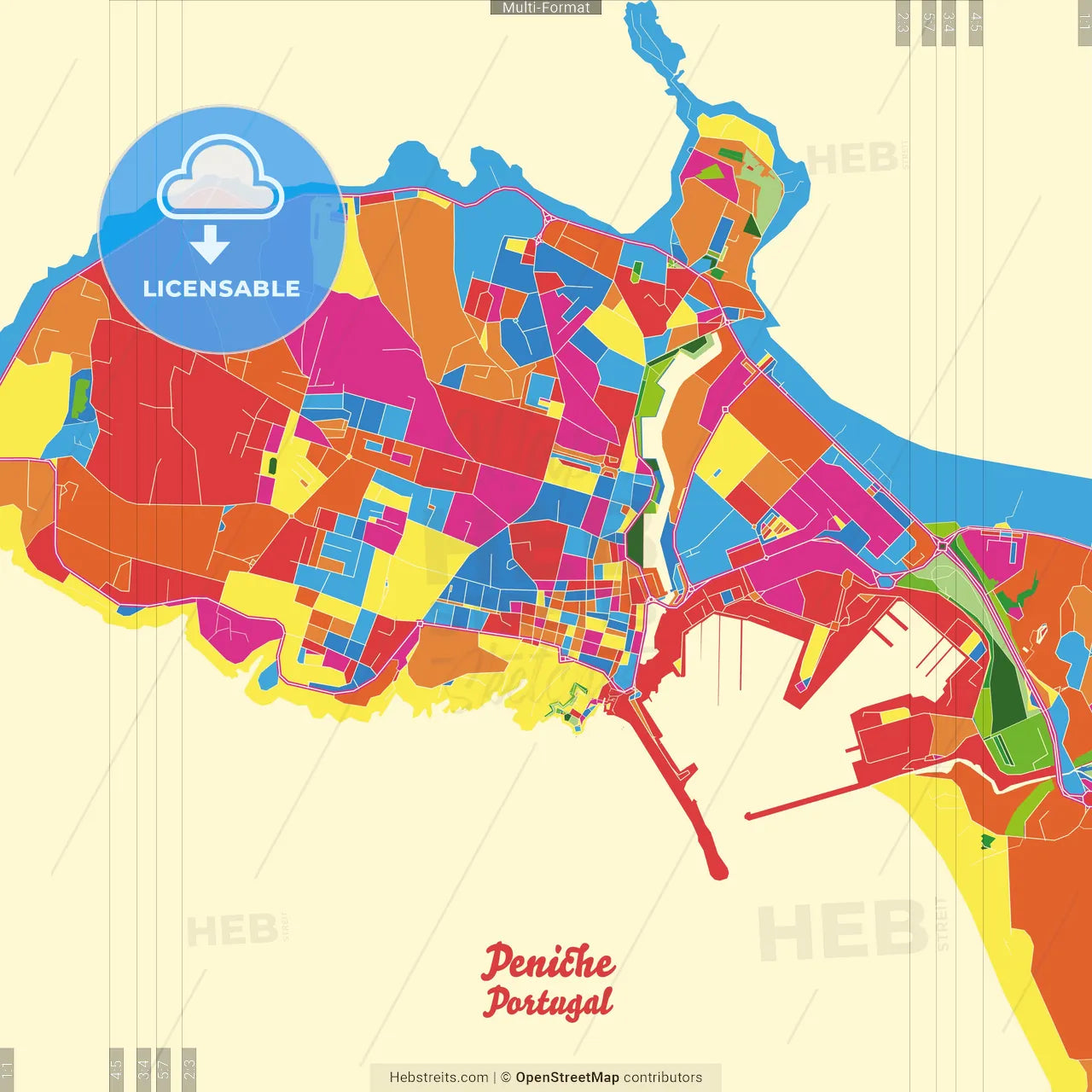 Peniche, Leiria, Portugal Crazy Colorful Street Map Poster Template