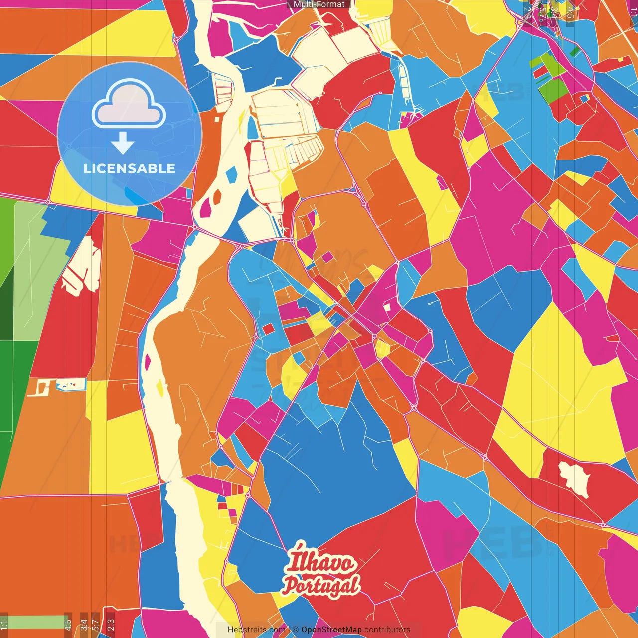 Ílhavo, Aveiro, Portugal Crazy Colorful Street Map Poster Template