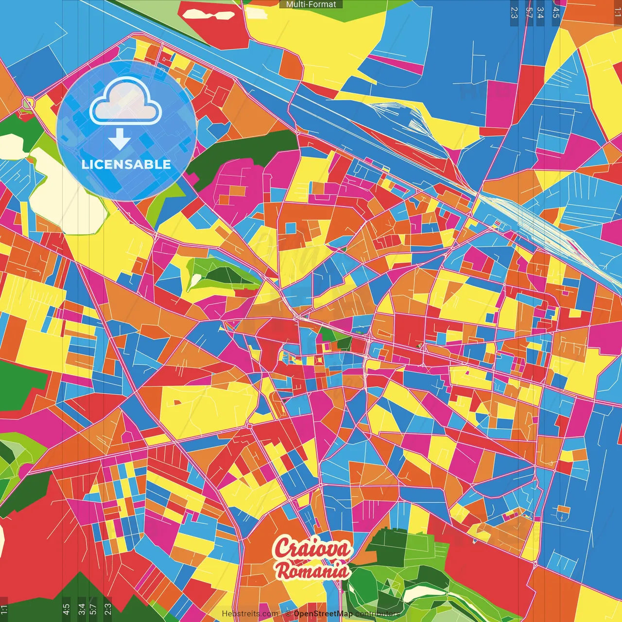 Craiova, Dolj, Romania Crazy Colorful Street Map Poster Template