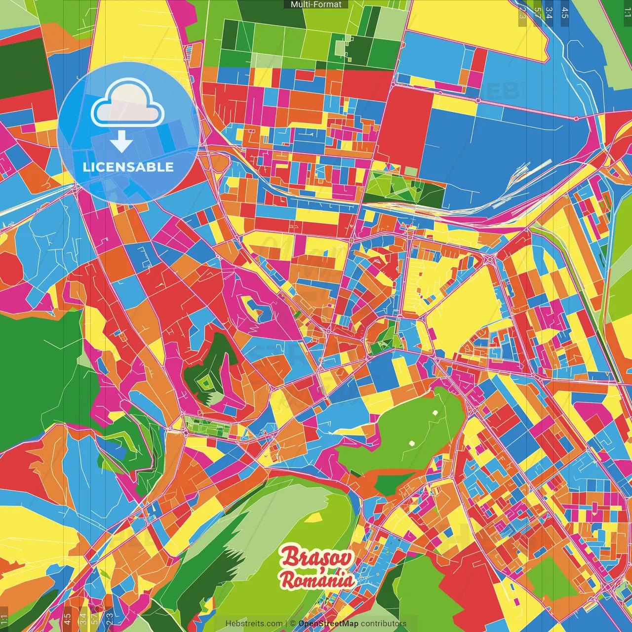 Brașov, Brașov, Romania Crazy Colorful Street Map Poster Template