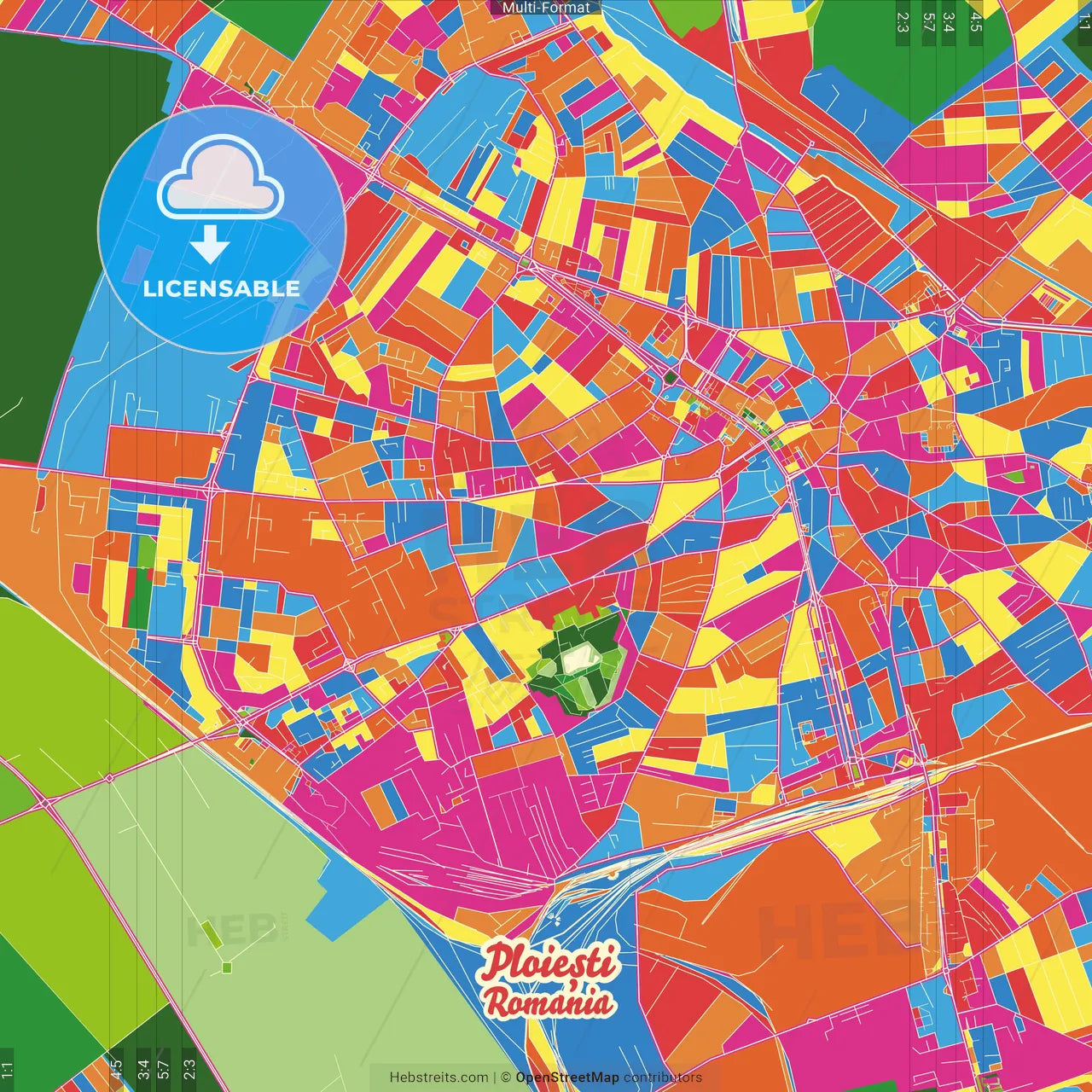 Ploiești, Prahova, Romania Crazy Colorful Street Map Poster Template