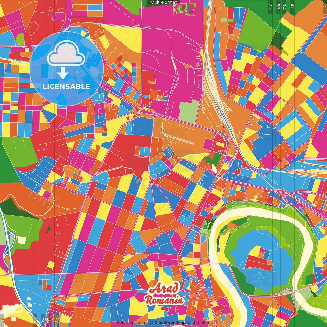 Arad, Arad, Romania Crazy Colorful Street Map Poster Template