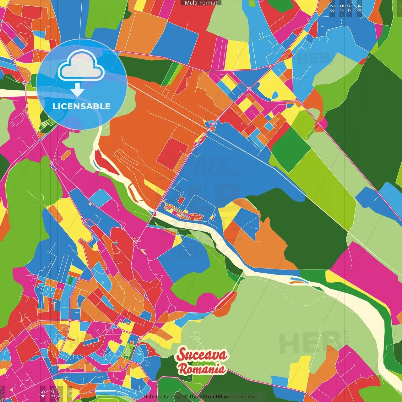 Suceava, Suceava, Romania Crazy Colorful Street Map Poster Template