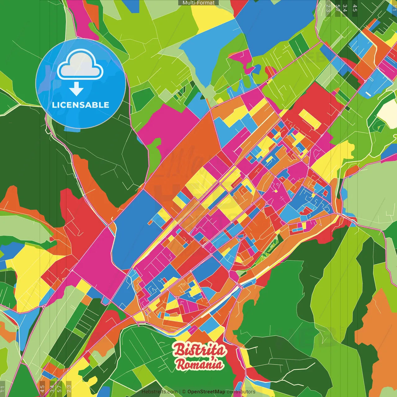 Bistrița, Bistrița-Năsăud, Romania Crazy Colorful Street Map Poster Template