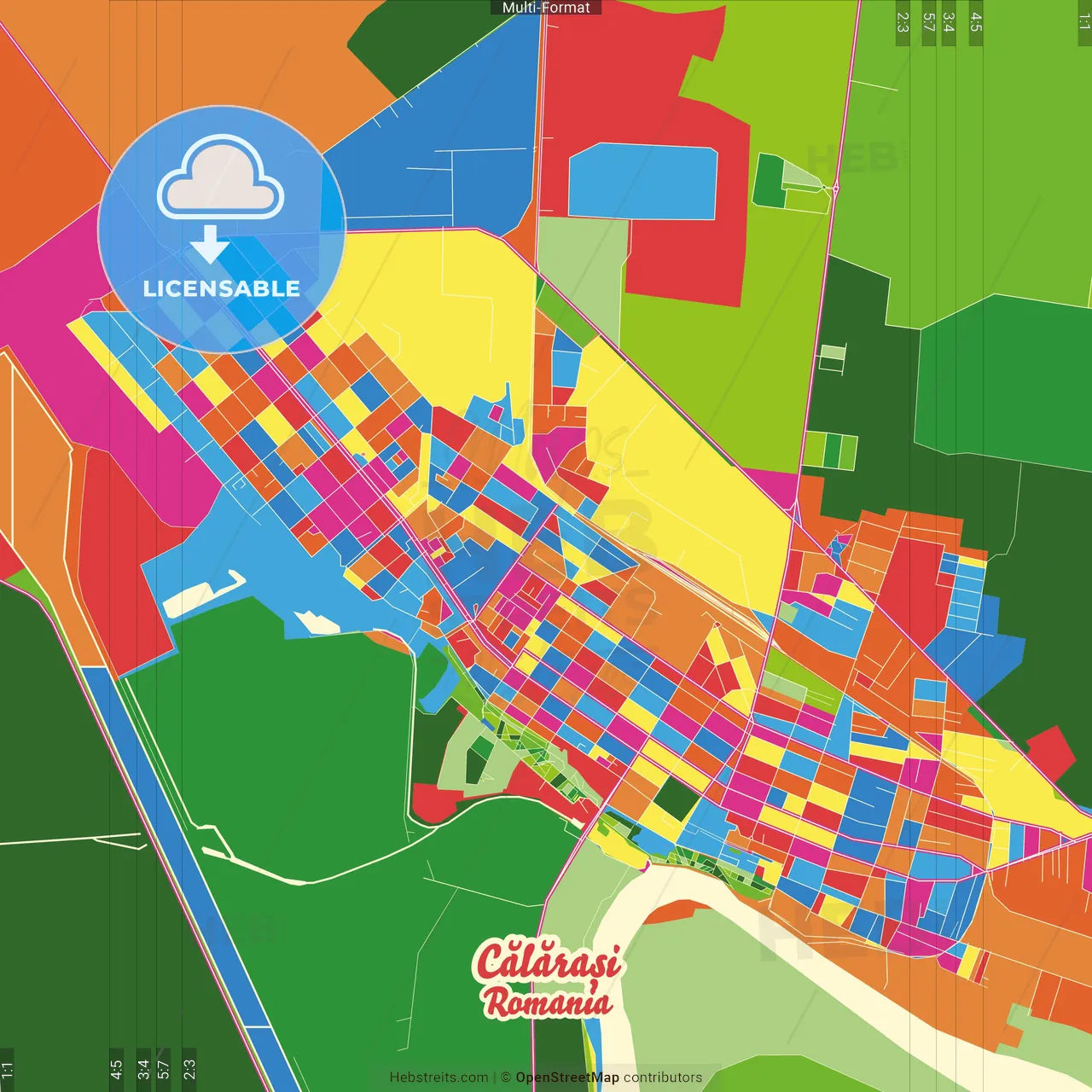 Călărași, Călărași, Romania Crazy Colorful Street Map Poster Template