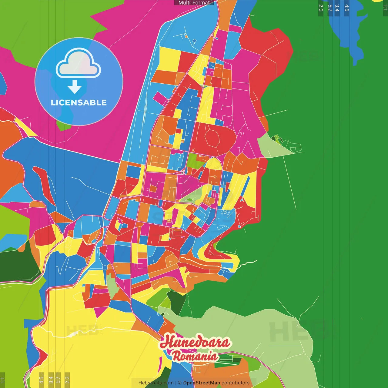 Hunedoara, Hunedoara, Romania Crazy Colorful Street Map Poster Template