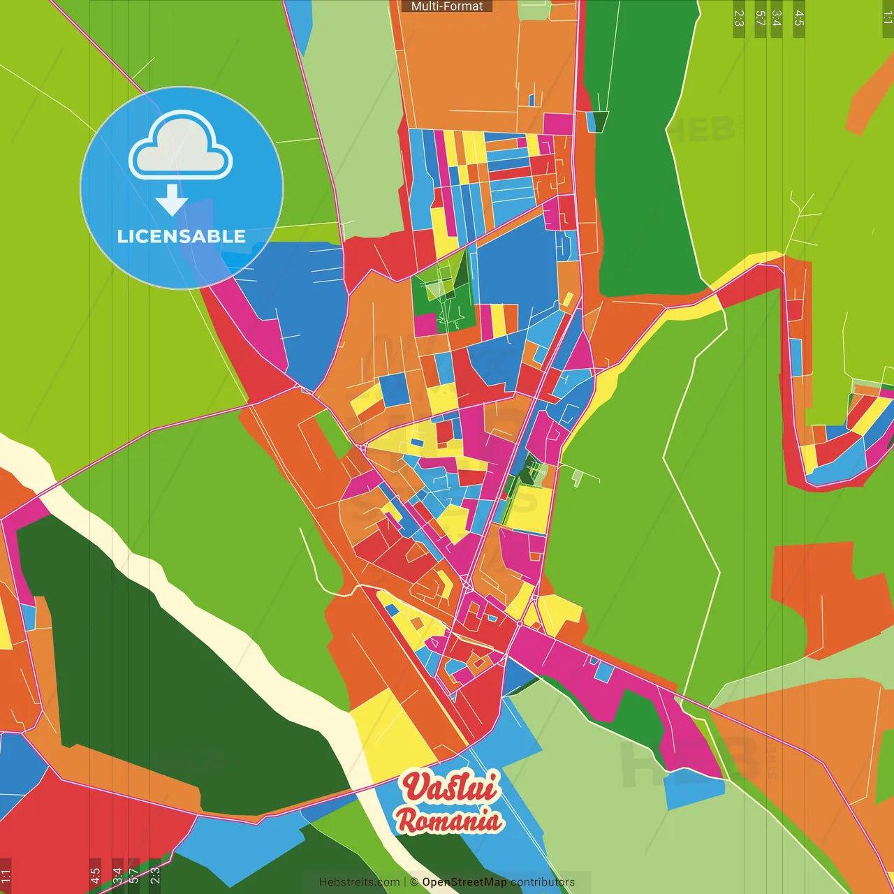 Vaslui, Vaslui, Romania Crazy Colorful Street Map Poster Template