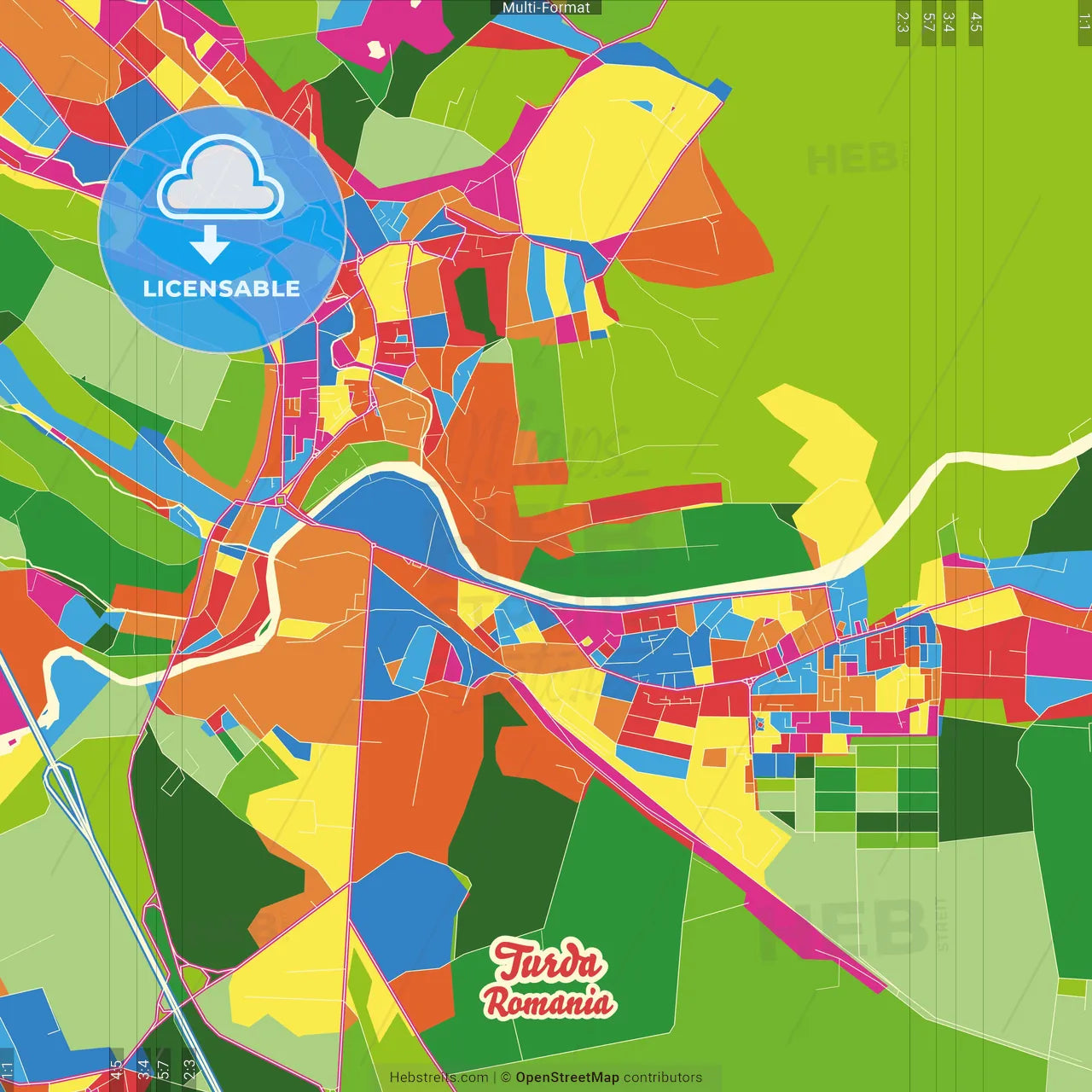 Turda, Cluj, Romania Crazy Colorful Street Map Poster Template