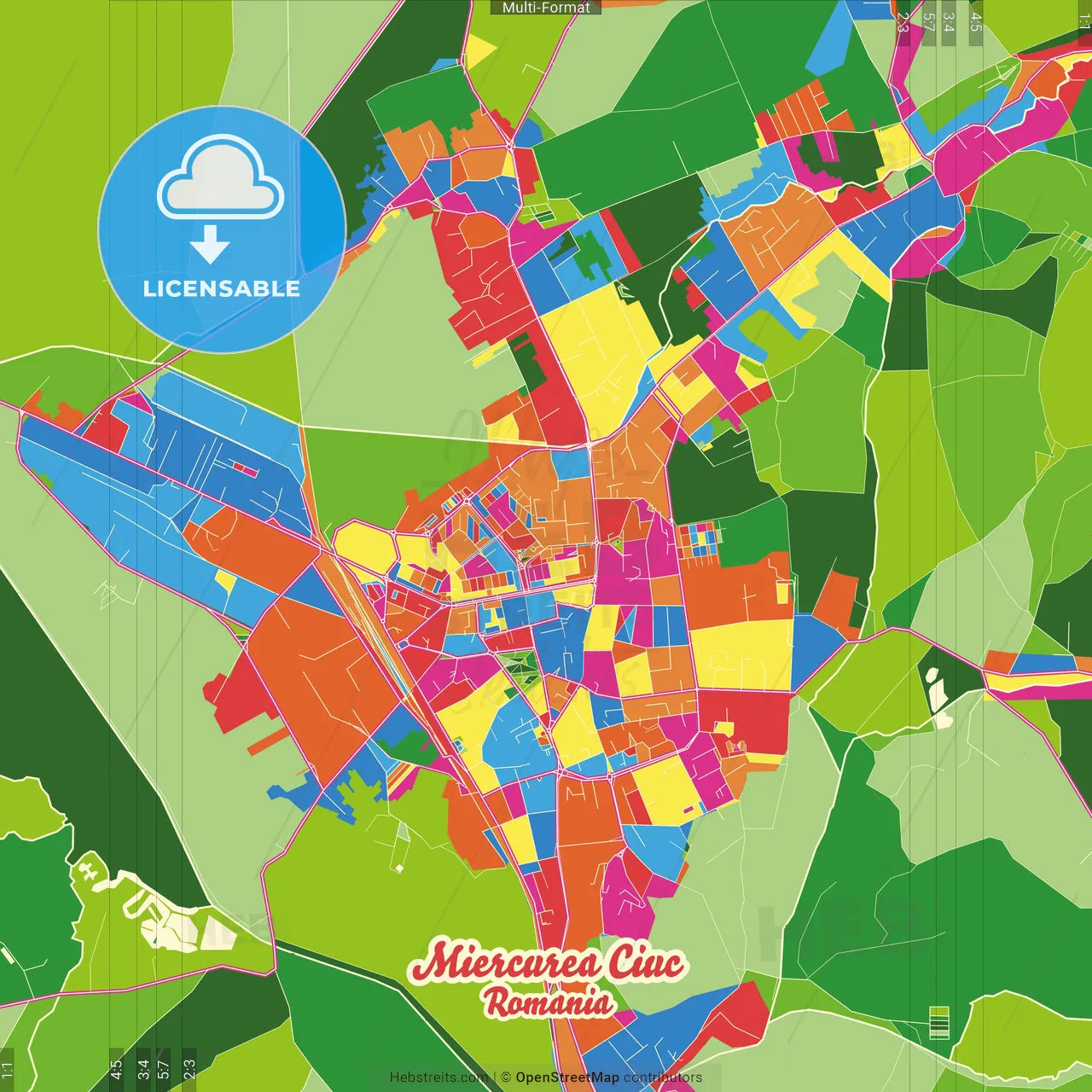 Miercurea Ciuc, Harghita, Romania Crazy Colorful Street Map Poster Template