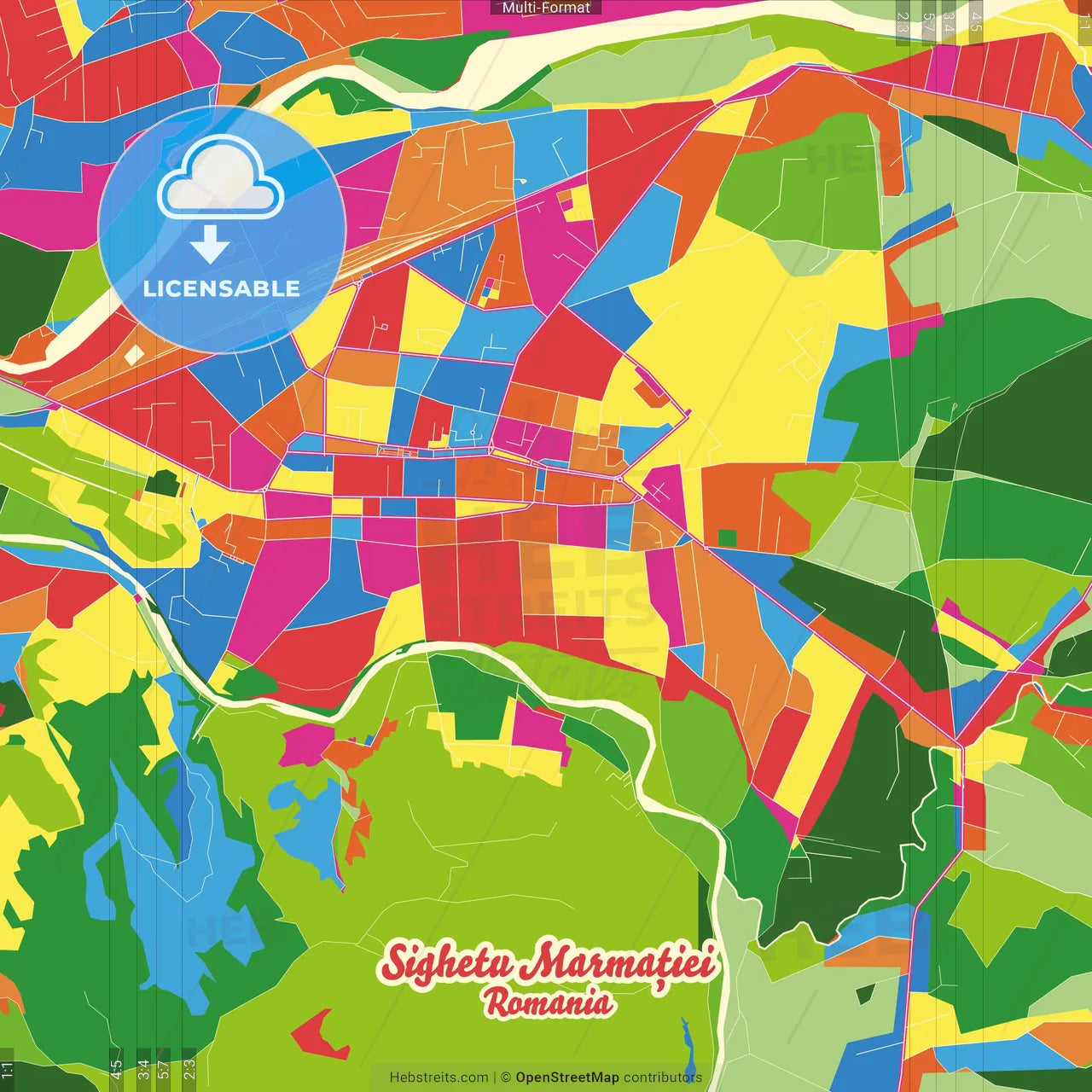 Sighetu Marmației, Maramureș, Romania Crazy Colorful Street Map Poster Template