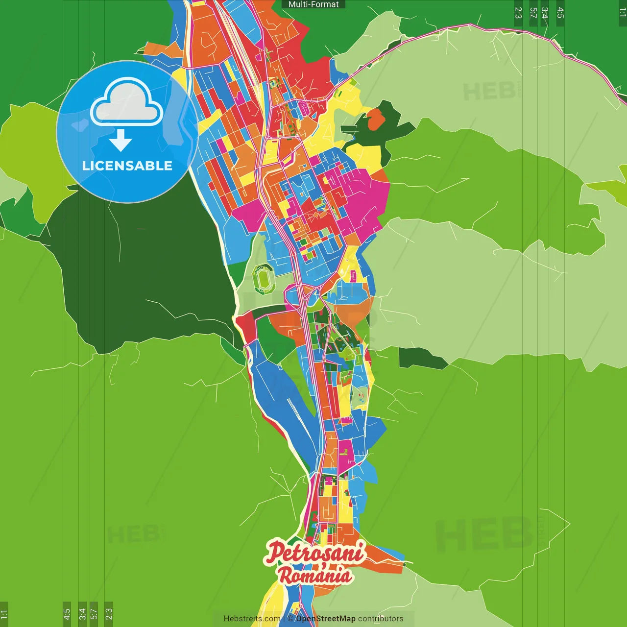 Petroșani, Hunedoara, Romania Crazy Colorful Street Map Poster Template