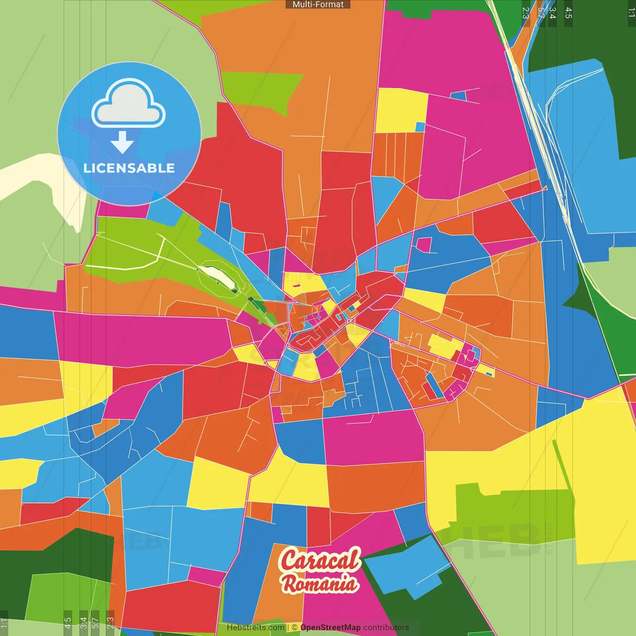 Caracal, Olt, Romania Crazy Colorful Street Map Poster Template