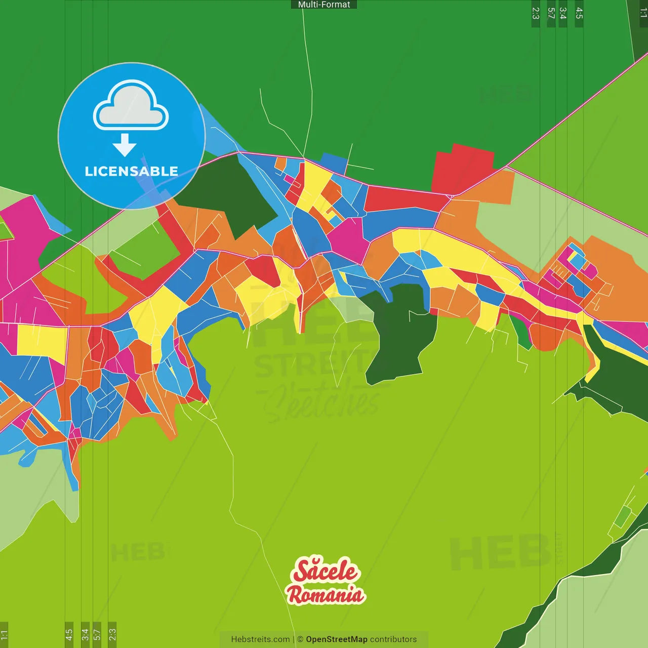 Săcele, Brașov, Romania Crazy Colorful Street Map Poster Template