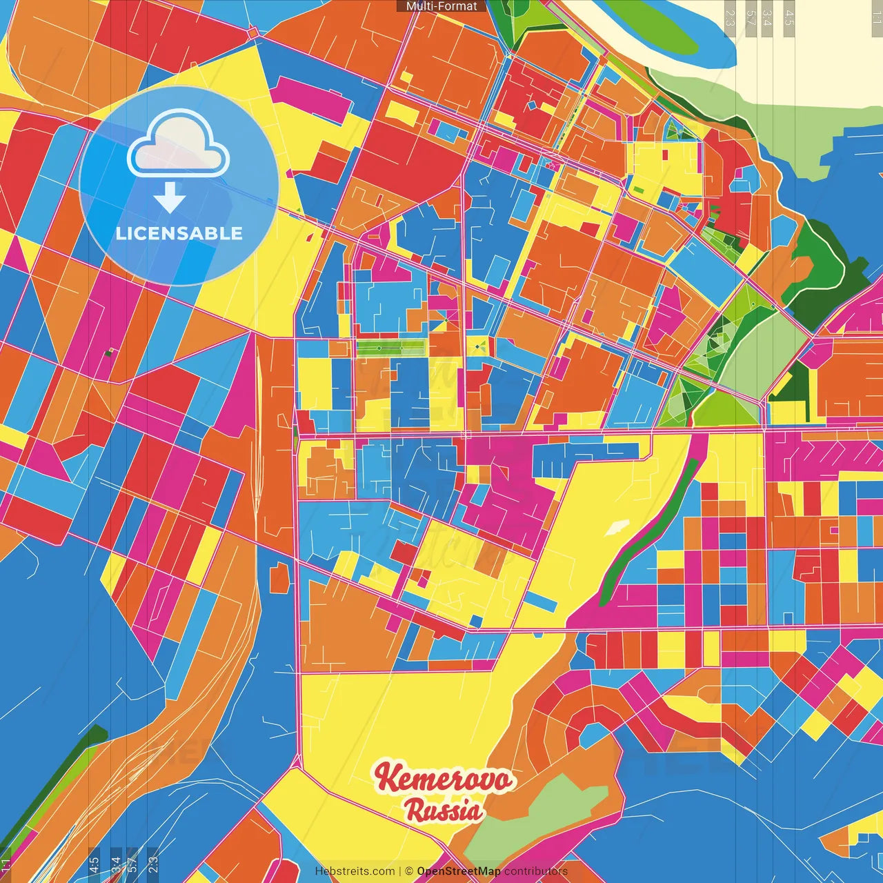 Kemerovo, Kemerovo Oblast, Russia Crazy Colorful Street Map Poster Template