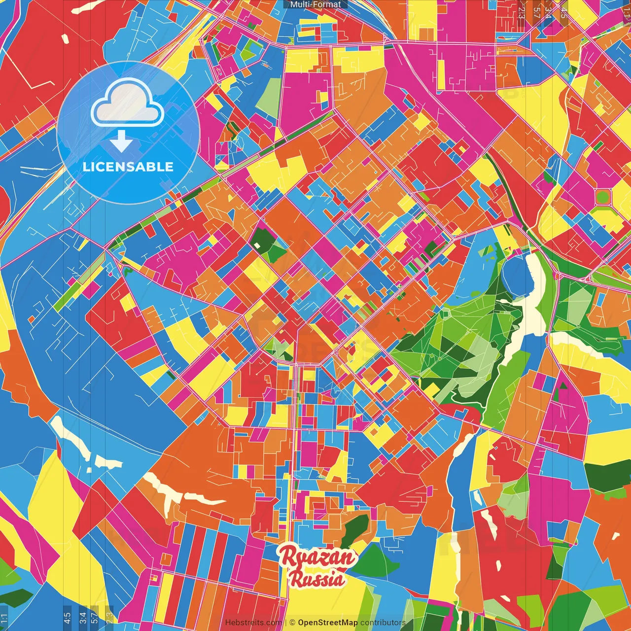 Ryazan, Ryazan Oblast, Russia Crazy Colorful Street Map Poster Template
