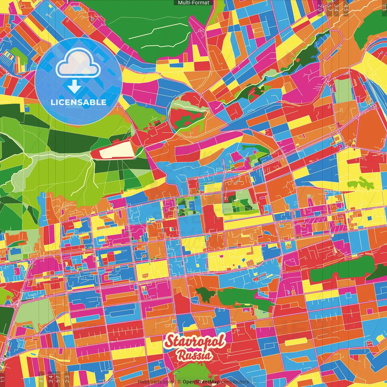 Stavropol, Stavropol Krai, Russia Crazy Colorful Street Map Poster Template