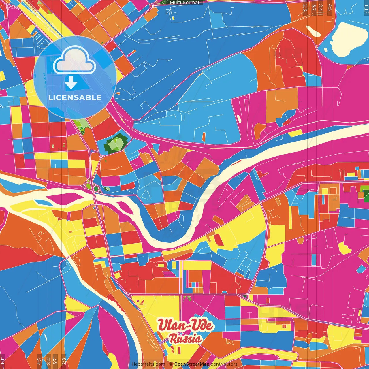 Ulan-Ude, Republic of Buryatia, Russia Crazy Colorful Street Map Poster Template