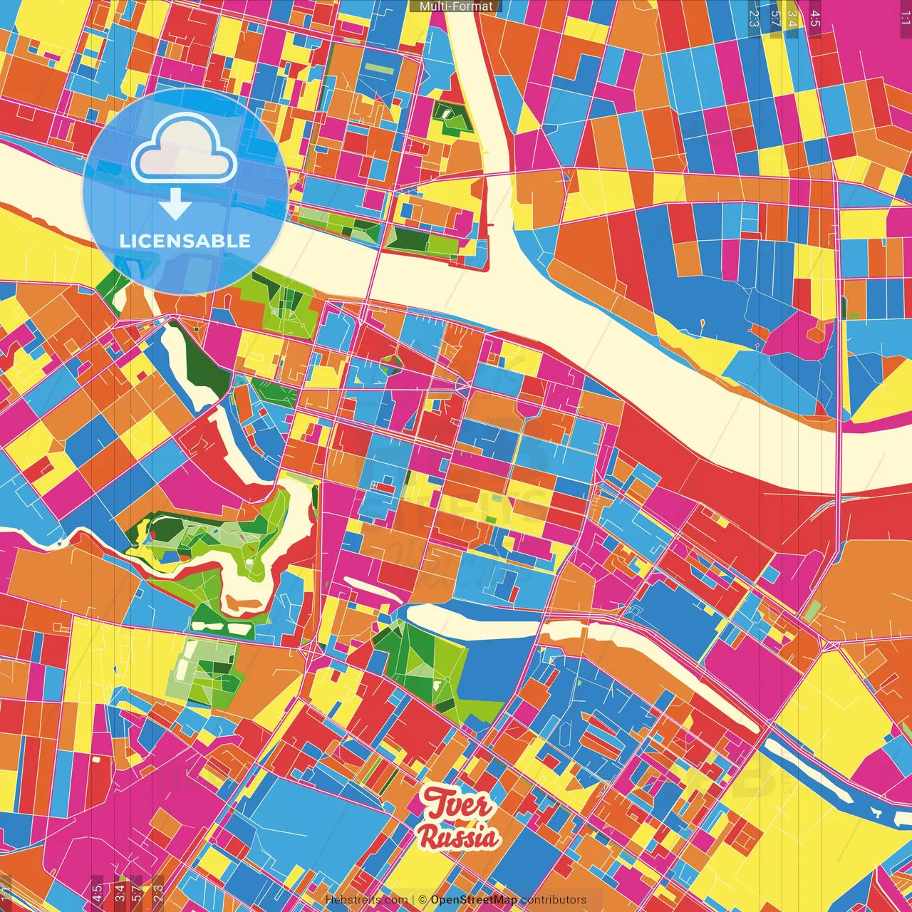 Tver, Tver Oblast, Russia Crazy Colorful Street Map Poster Template