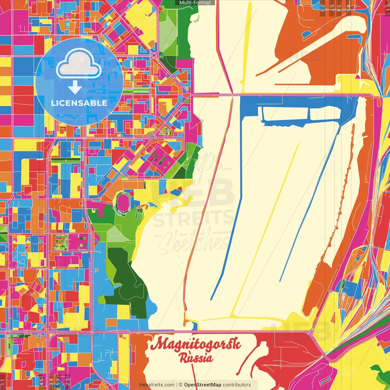 Magnitogorsk, Chelyabinsk Oblast, Russia Crazy Colorful Street Map Poster Template