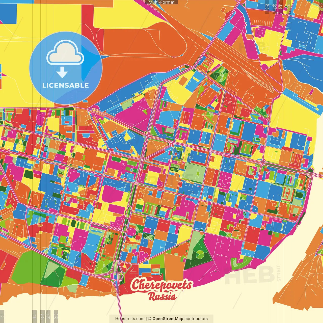 Cherepovets, Vologda Oblast, Russia Crazy Colorful Street Map Poster Template