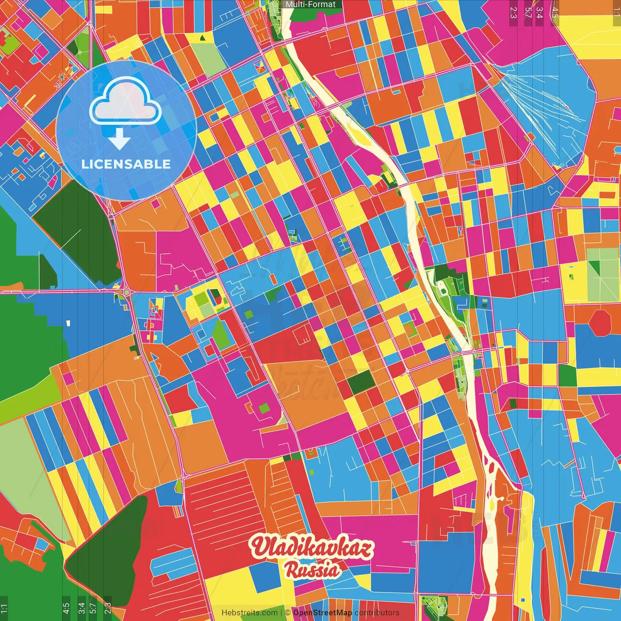 Vladikavkaz, Republic of North Ossetia-Alania, Russia Crazy Colorful Street Map Poster Template