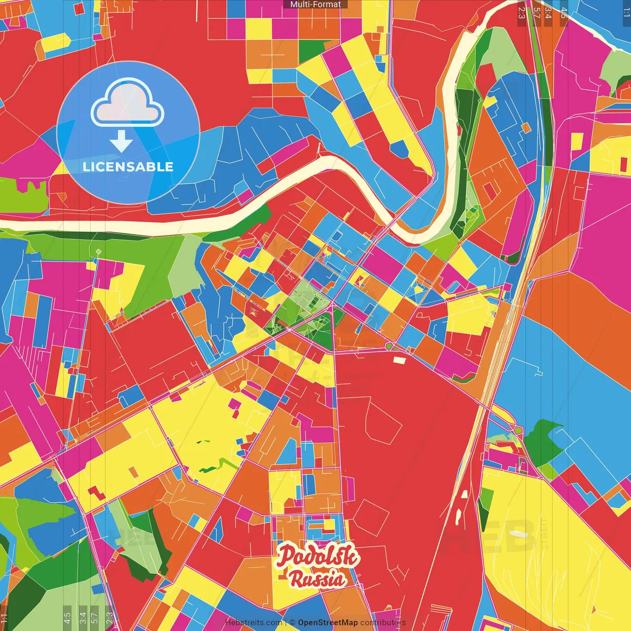 Podolsk, Moscow Oblast, Russia Crazy Colorful Street Map Poster Template