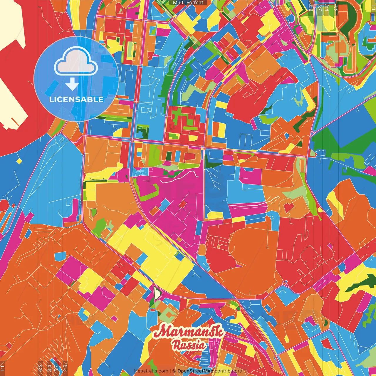 Murmansk, Murmansk Oblast, Russia Crazy Colorful Street Map Poster Template