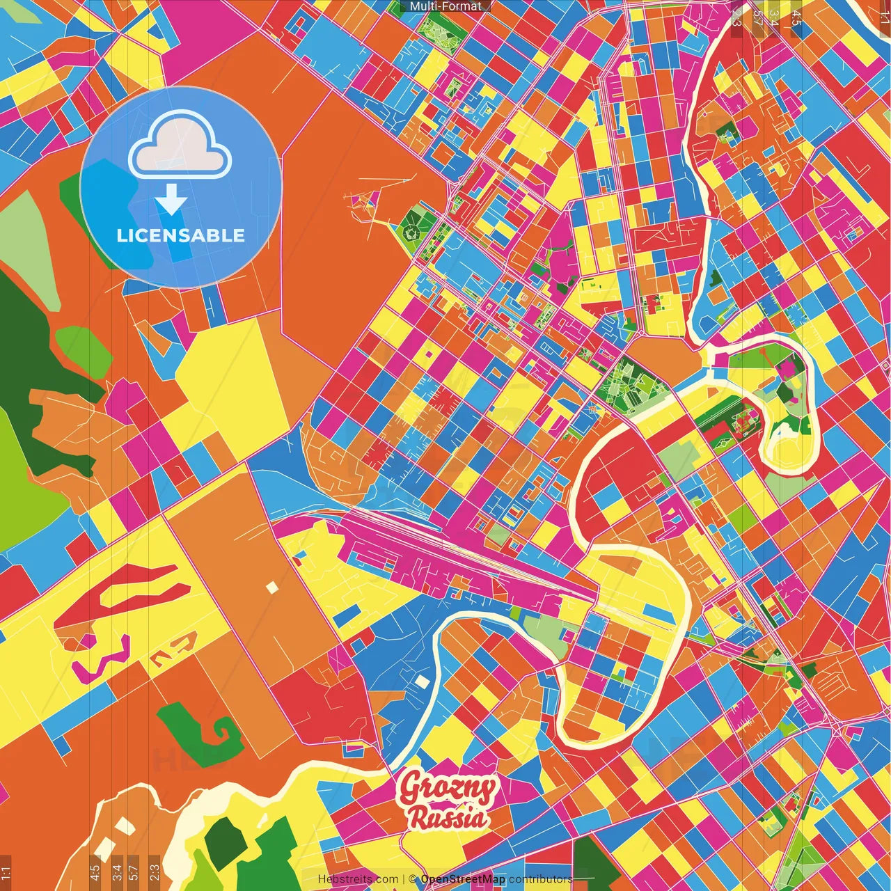 Grozny, Chechen Republic, Russia Crazy Colorful Street Map Poster Template