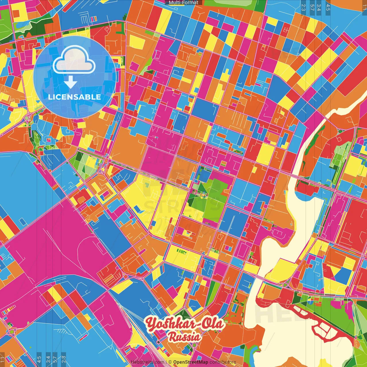 Yoshkar-Ola, Mari El Republic, Russia Crazy Colorful Street Map Poster Template