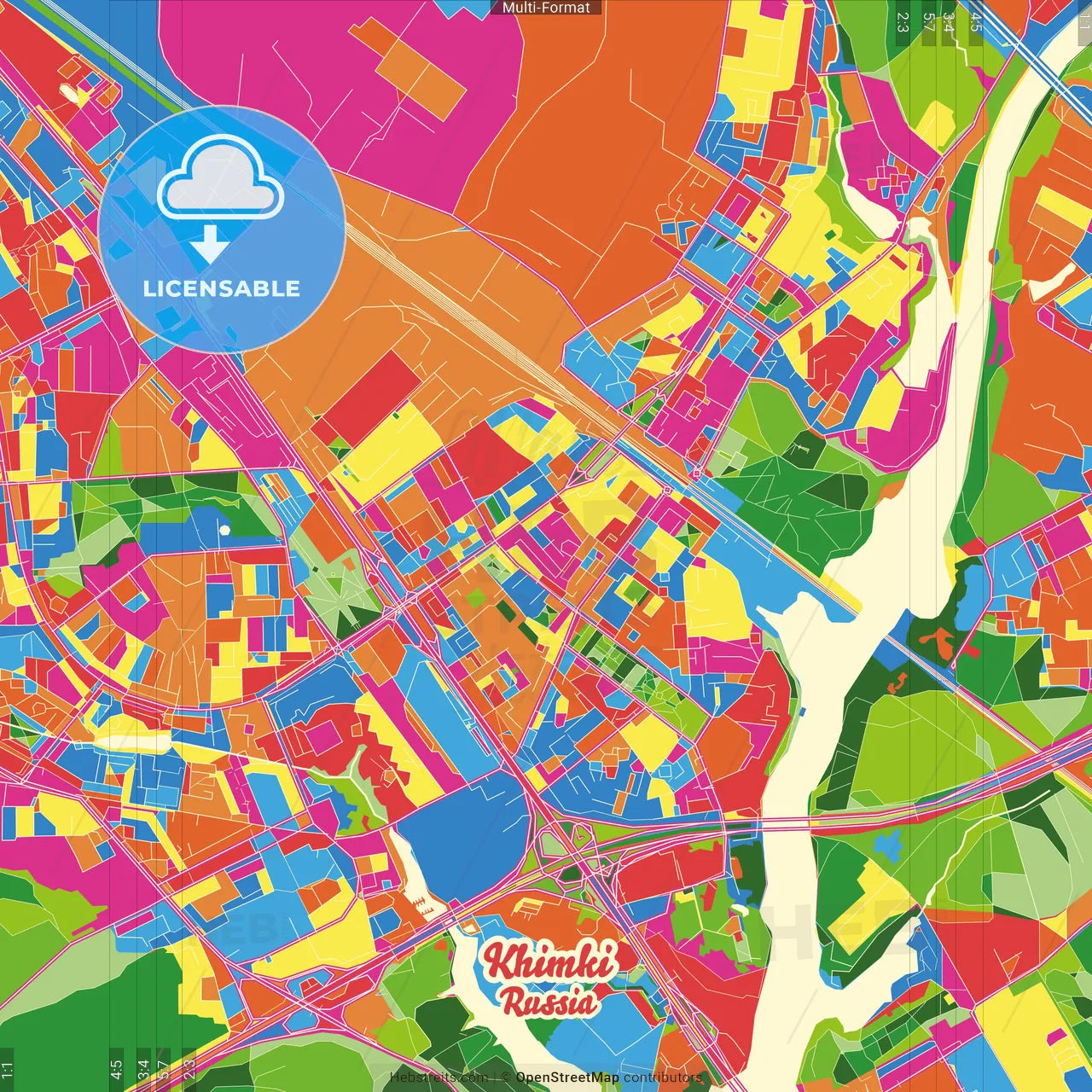 Khimki, Moscow Oblast, Russia Crazy Colorful Street Map Poster Template