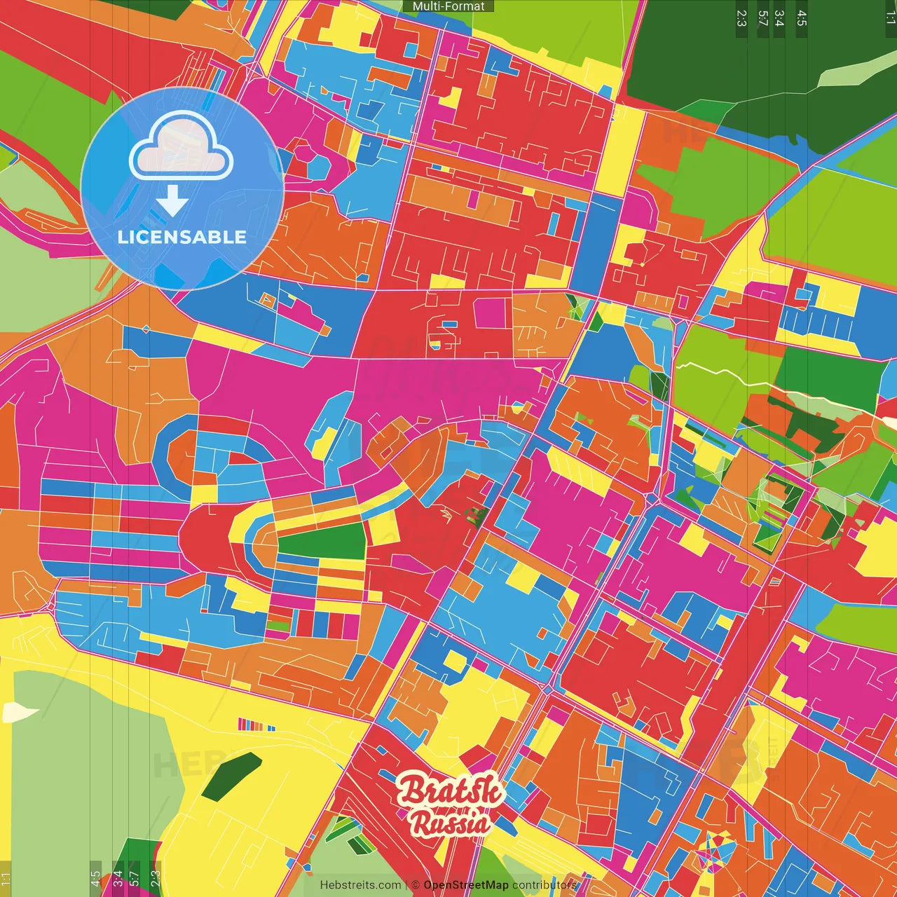 Bratsk, Irkutsk Oblast, Russia Crazy Colorful Street Map Poster Template
