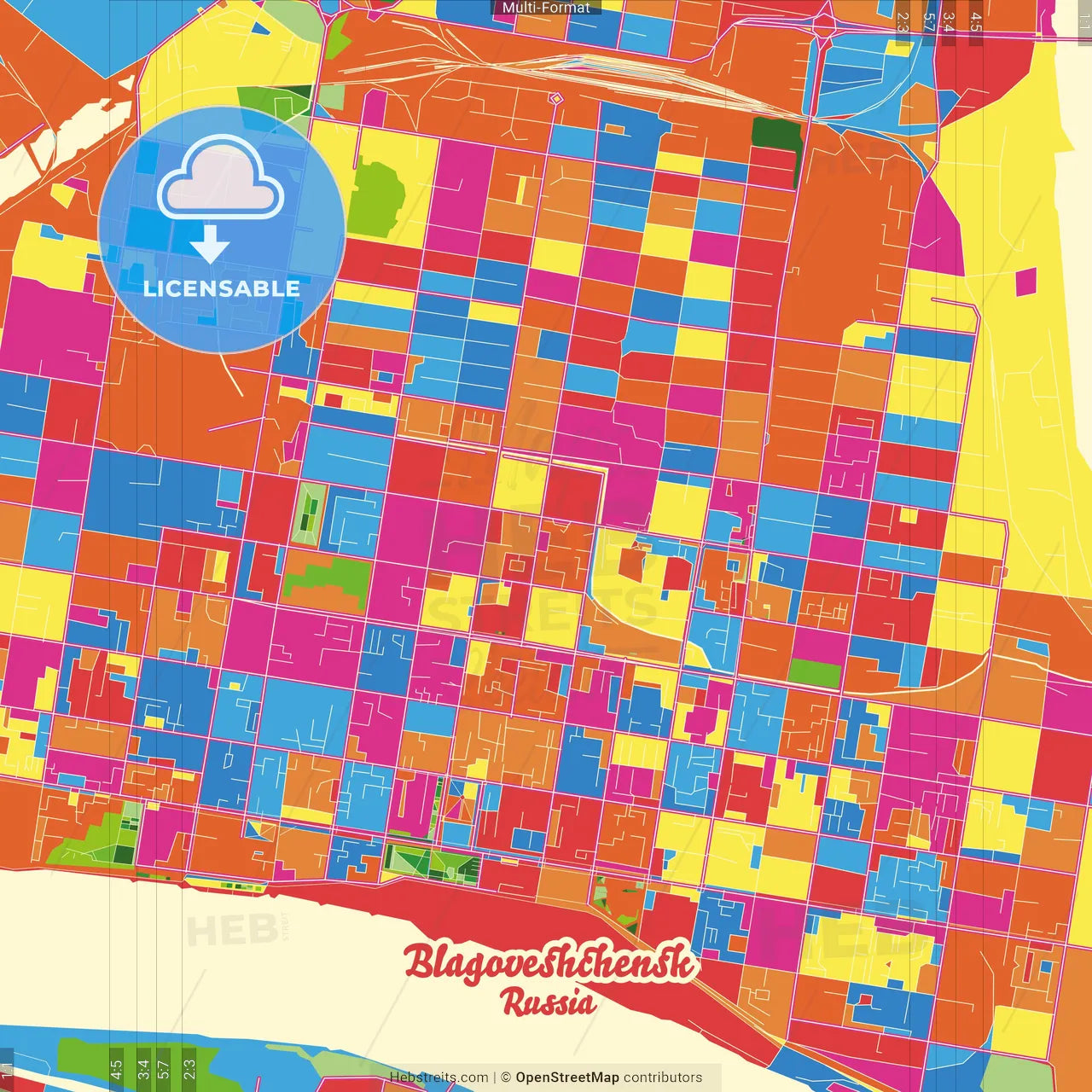 Blagoveshchensk, Amur Oblast, Russia Crazy Colorful Street Map Poster Template
