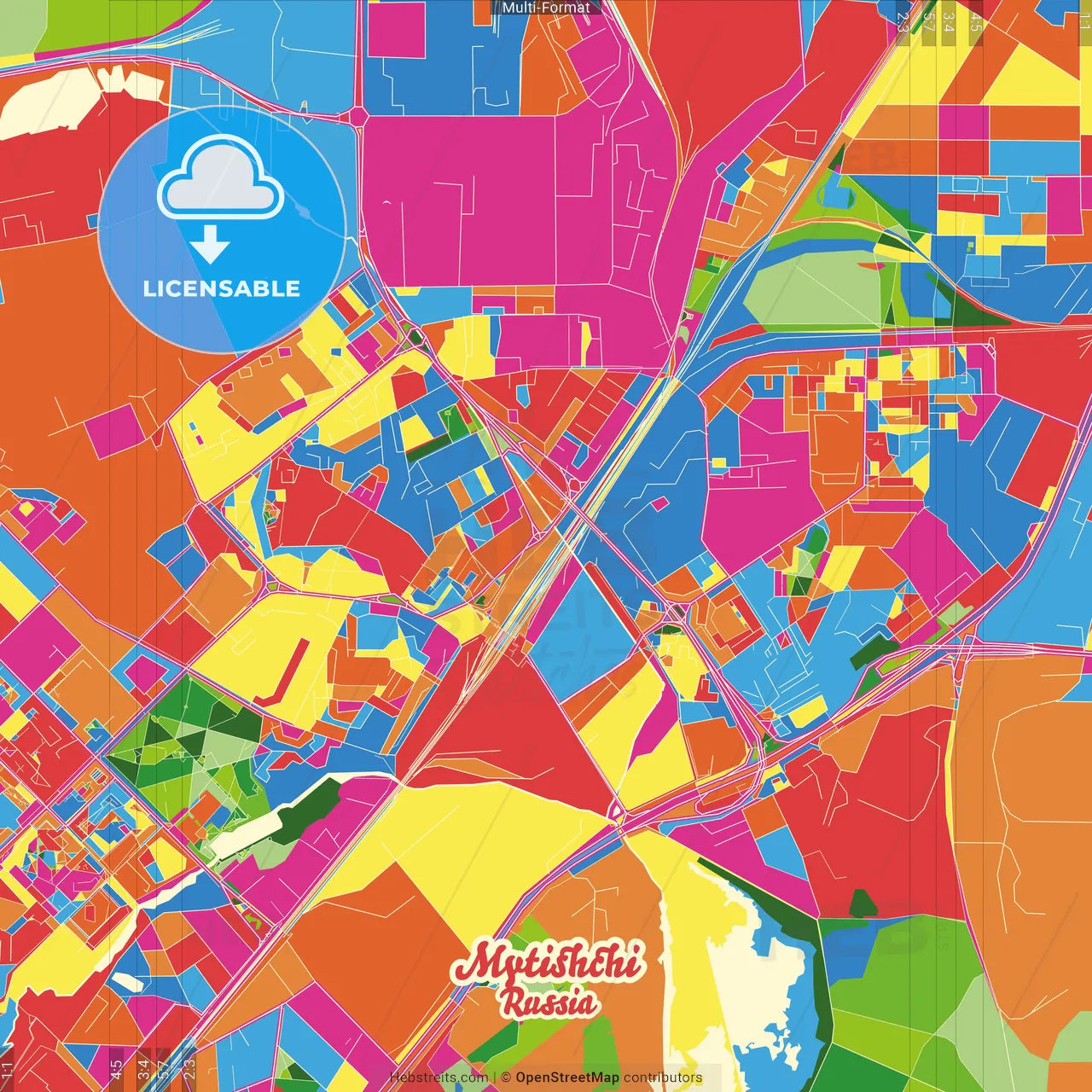 Mytishchi, Moscow Oblast, Russia Crazy Colorful Street Map Poster Template