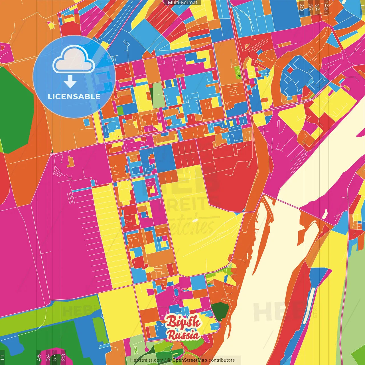 Biysk, Altai Krai, Russia Crazy Colorful Street Map Poster Template