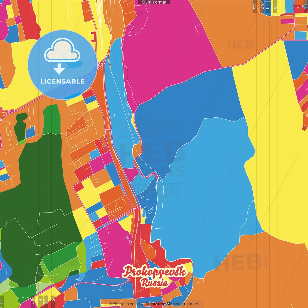 Prokopyevsk, Kemerovo Oblast, Russia Crazy Colorful Street Map Poster Template