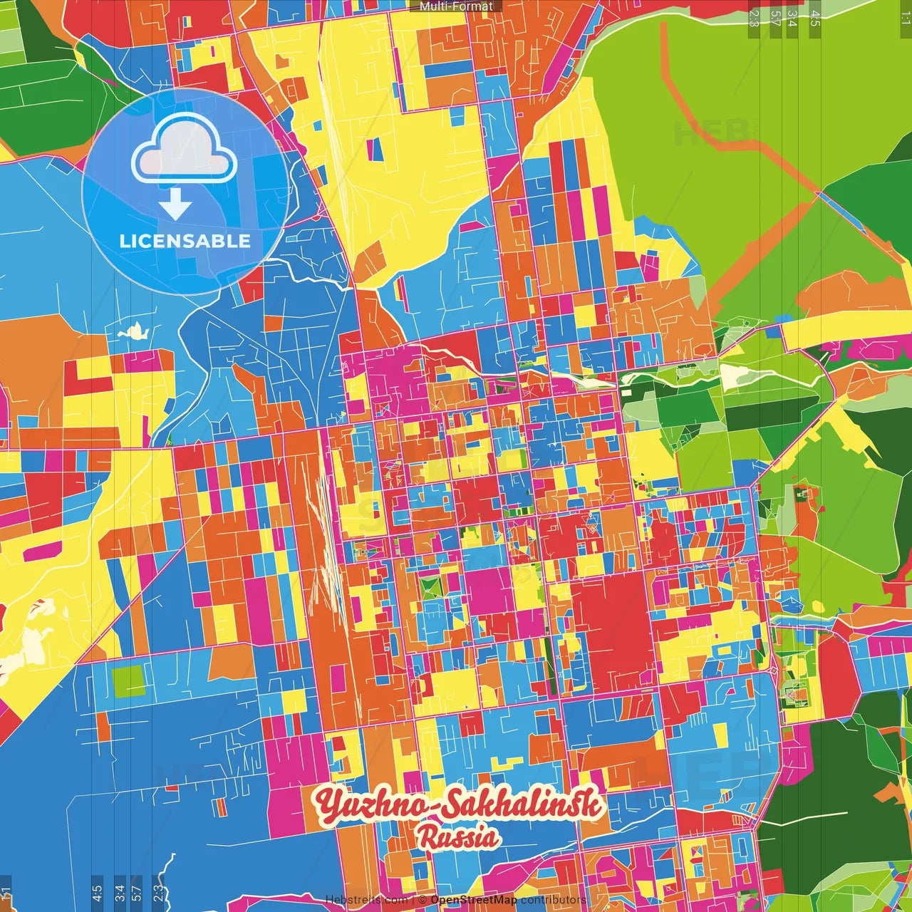 Yuzhno-Sakhalinsk, Sakhalin Oblast, Russia Crazy Colorful Street Map Poster Template