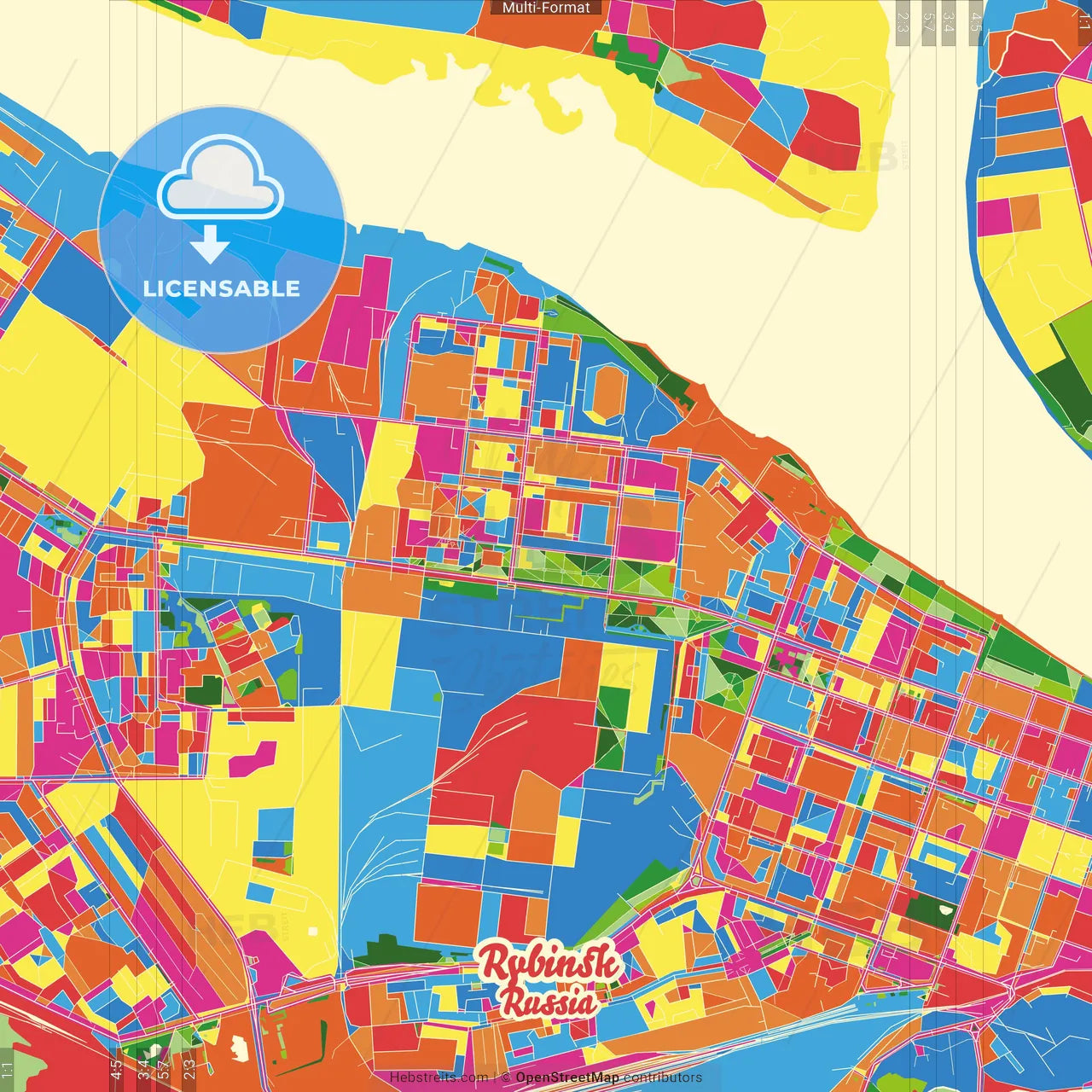 Rybinsk, Yaroslavl Oblast, Russia Crazy Colorful Street Map Poster Template