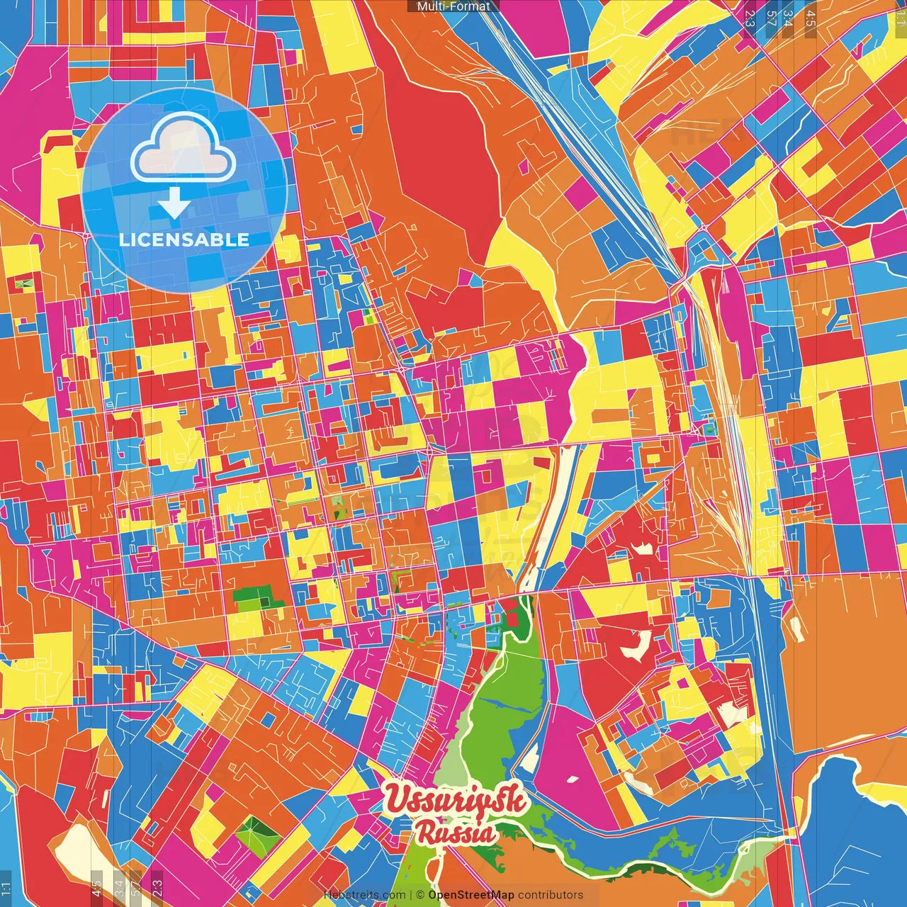 Ussuriysk, Primorsky Krai, Russia Crazy Colorful Street Map Poster Template