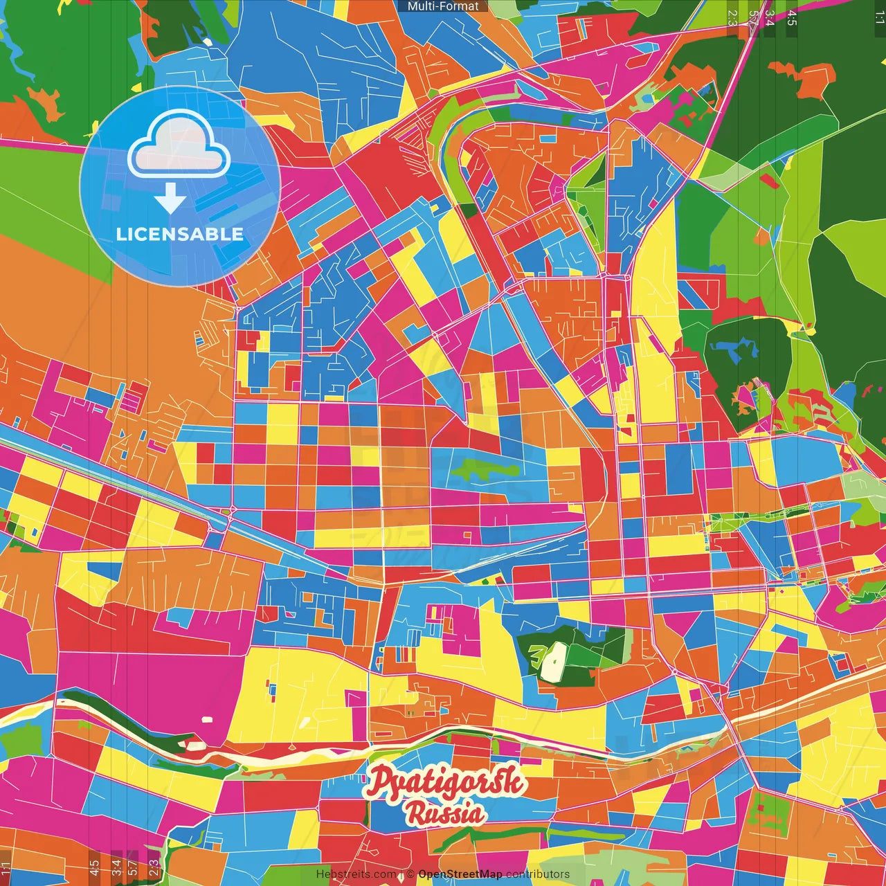 Pyatigorsk, Stavropol Krai, Russia Crazy Colorful Street Map Poster Template