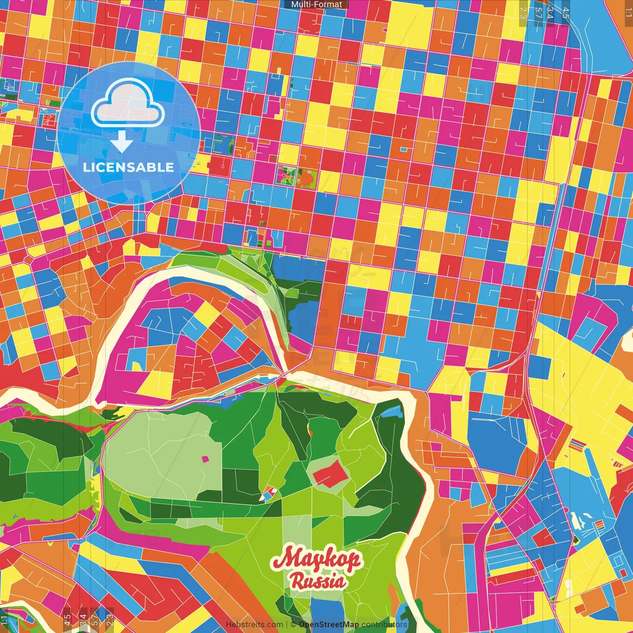 Maykop, Republic of Adygea, Russia Crazy Colorful Street Map Poster Template